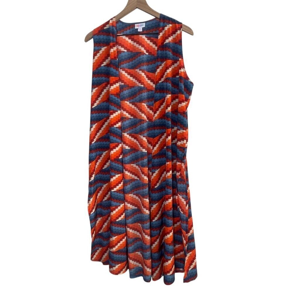 LuLaRoe Joy Duster Vest – Medium, Zig-Zag Orange/Blue/Red, Longline Sleeveless